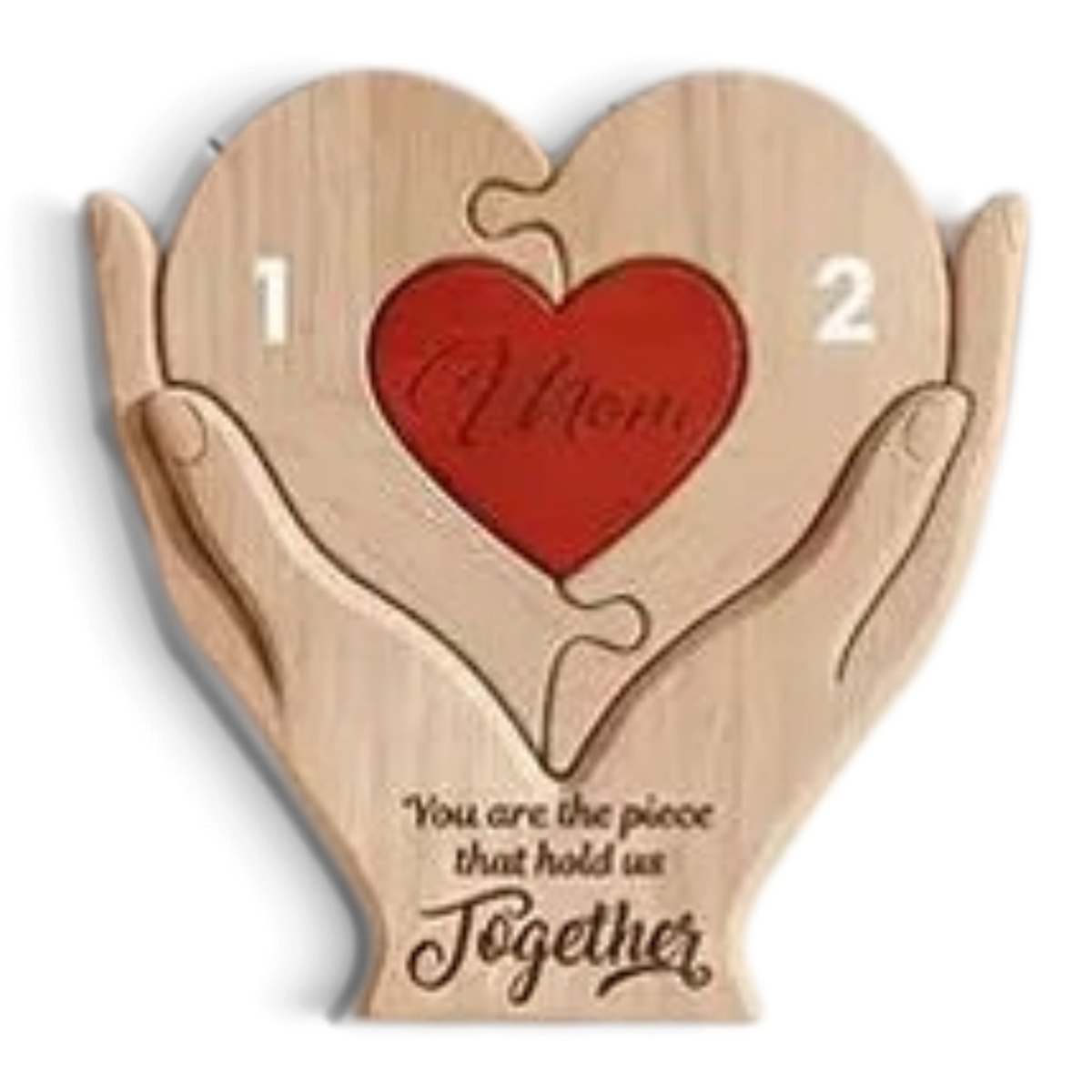 By Levin gepersonaliseerde houten familie hart puzzel met handen en gegraveerde namen als uniek cadeau voor moeder
