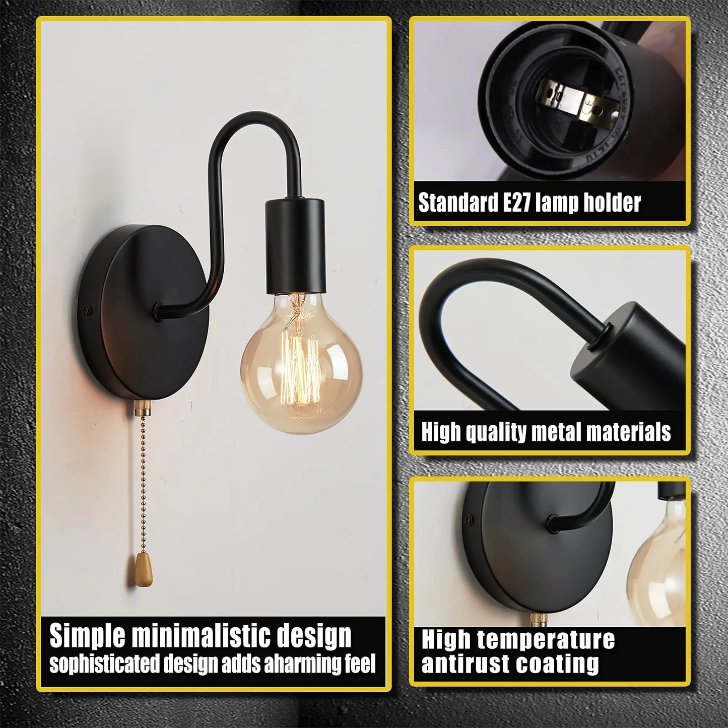 Scandinavische Industriële Zwarte Wandlamp