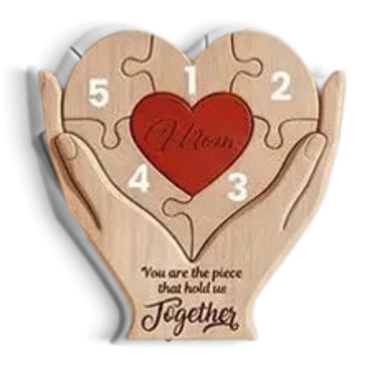 By Levin houten familie hart puzzel met handen en rood hart, gepersonaliseerd met namen als betekenisvol cadeau.
