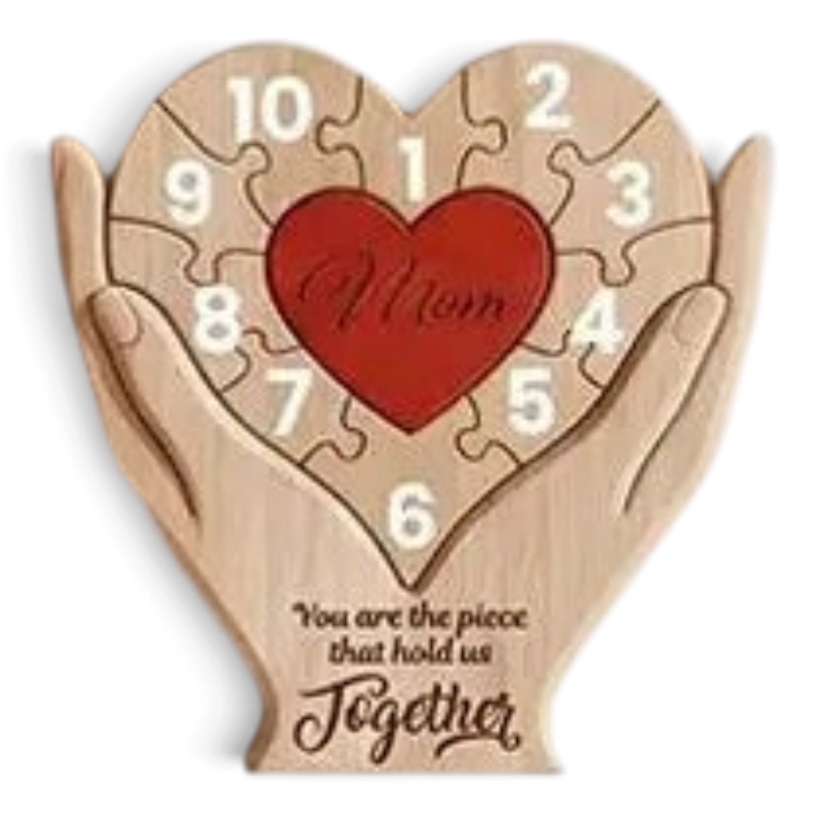 By Levin houten familie hart puzzel met handen die een rood hart omarmen, gepersonaliseerd met namen en tekst.