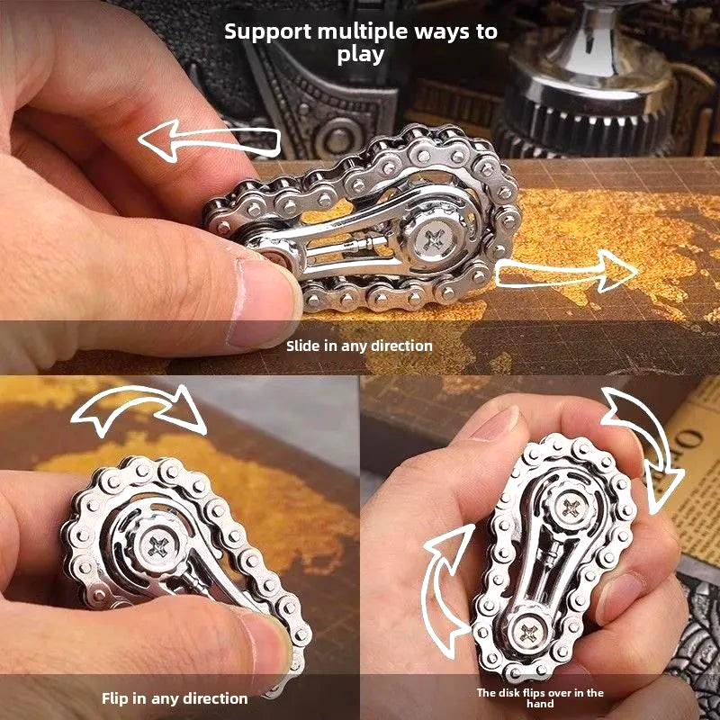 By Levin polished metal chain fidget spinner for stress relief and desk play, showing multiple movement directions.