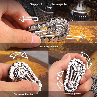 By Levin polished metal chain fidget spinner for stress relief and desk play, showing multiple movement directions.
