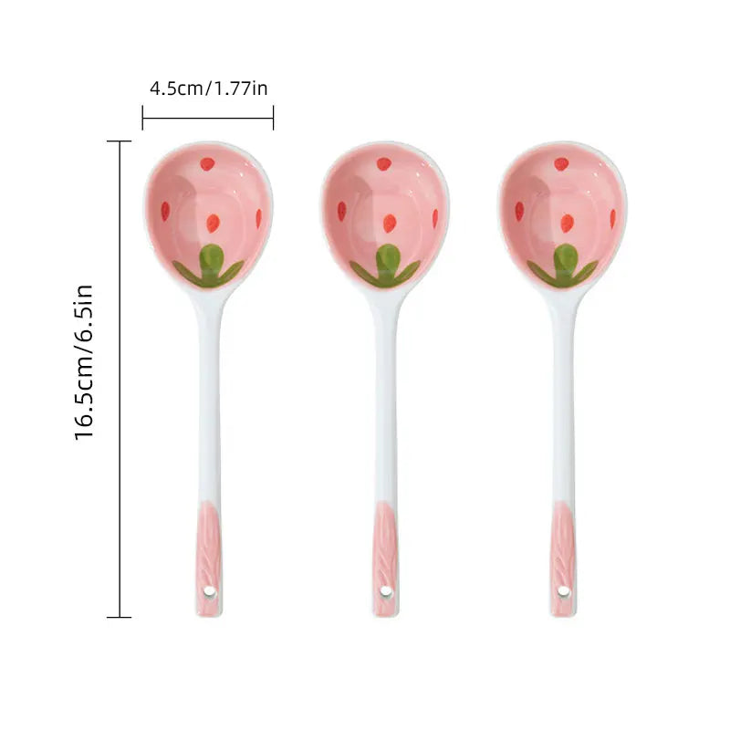 Kawaii Aardbei Keramische Lepel met Lang Handvat - Handgeschilderde Lepel