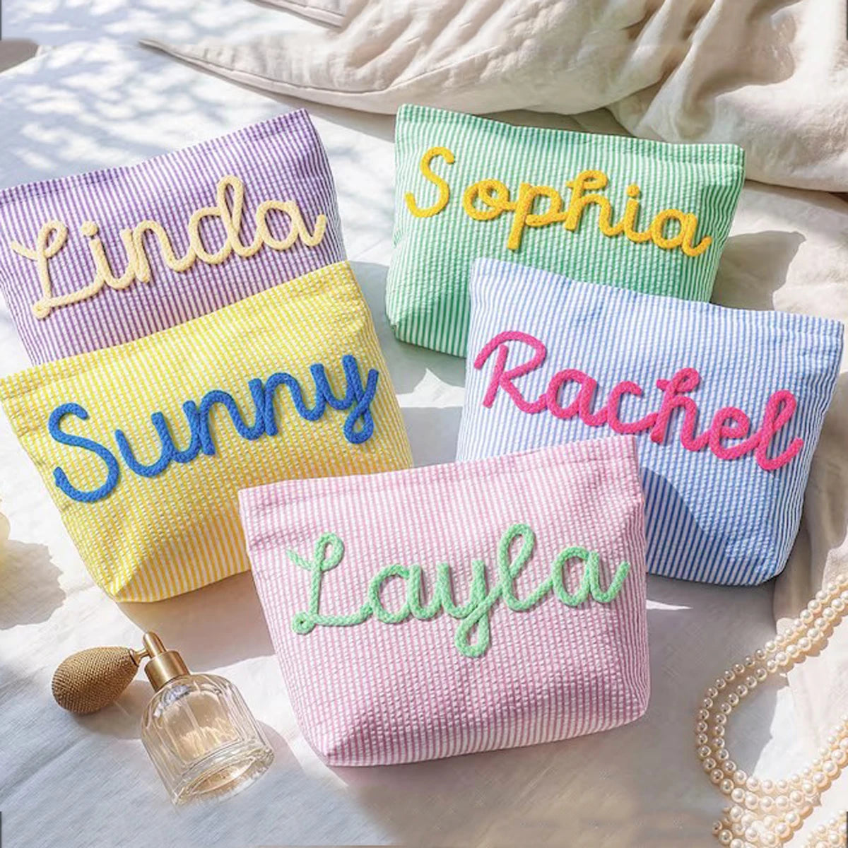 Gepersonaliseerde Seersucker Make-Up Tas - Met Naam