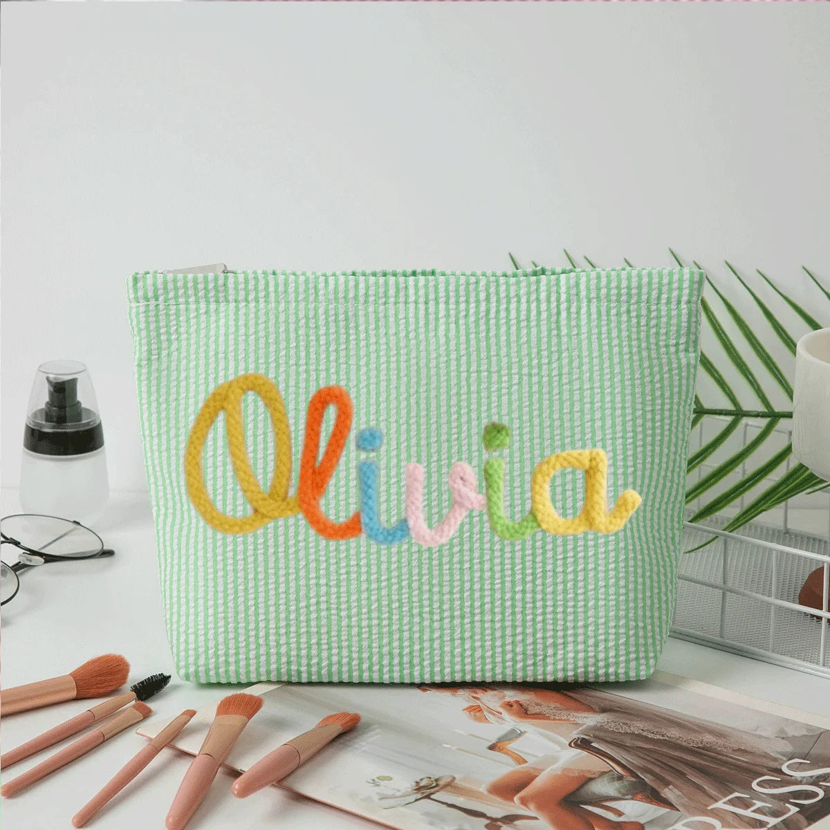 Gepersonaliseerde Seersucker Make-Up Tas - Met Naam
