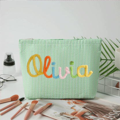 Gepersonaliseerde Seersucker Make-Up Tas - Met Naam
