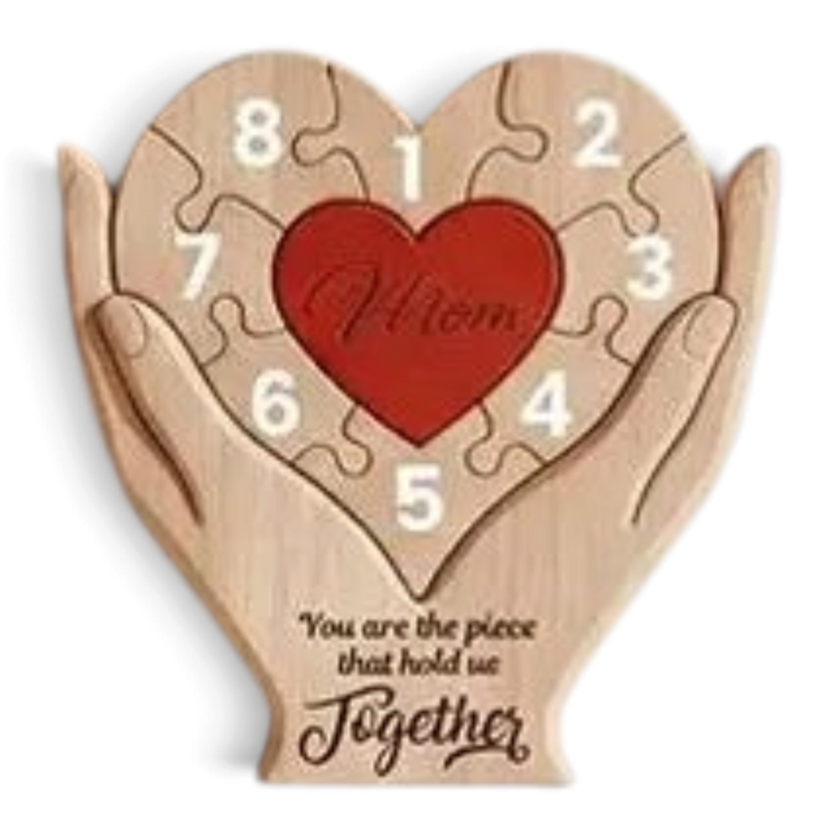 Gepersonaliseerde By Levin houten familie hart puzzel met handen die een rood hart omarmen en ruimte voor 8 namen.