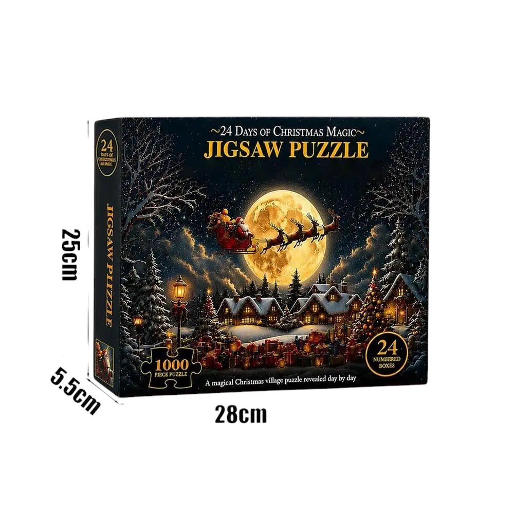 By Levin 24-day Christmas advent calendar jigsaw puzzle featuring a festive snowy village scene with Santa's sleigh.