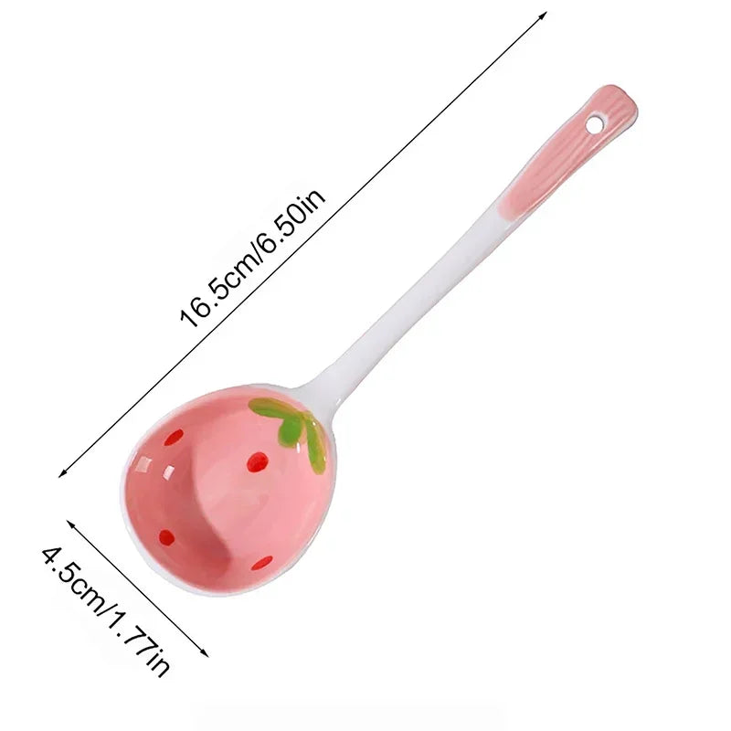 Kawaii Aardbei Keramische Lepel met Lang Handvat - Handgeschilderde Lepel