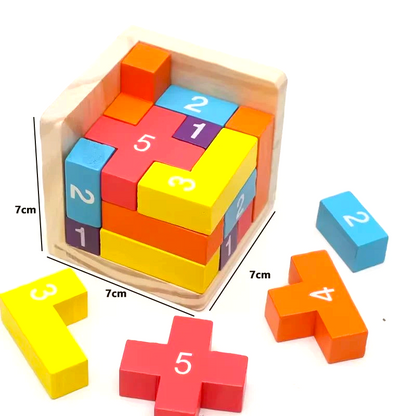 By Levin wooden 3D cube puzzle with colorful numbered geometric blocks and a natural wood storage frame