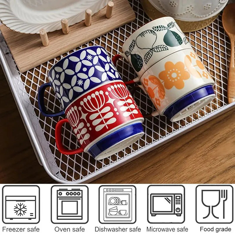 300ml Japanse Keramische Mok met Bloemenprint - Retro Koffiebeker