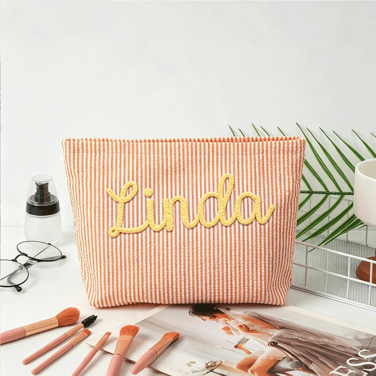 Gepersonaliseerde Seersucker Make-Up Tas - Met Naam