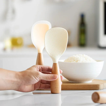Anti-Plak Siliconen Rijstlepel met Houten Handvat - Hittebestendige Rijstspatel