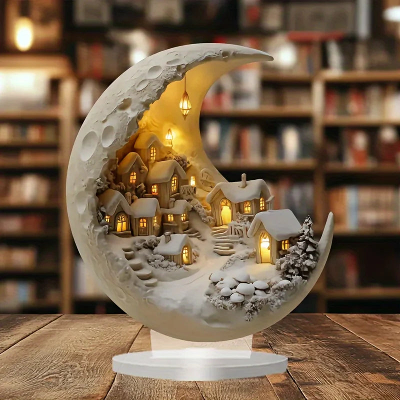 2D Acryl Halve Maan Kerstdorp Plaquette
