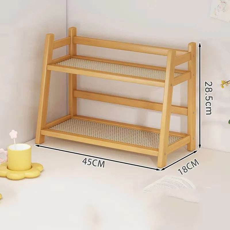 2-Laags Houten Desktop Organizer & Plantenrek - Rieten Look