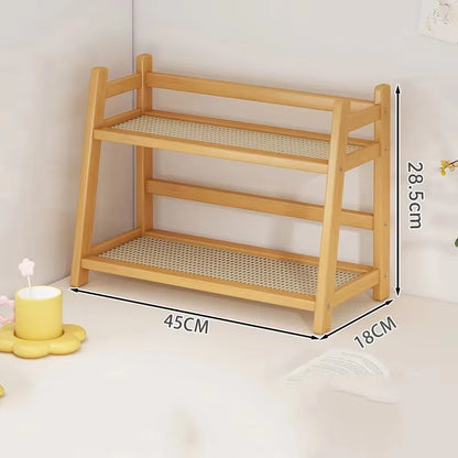 2-Laags Houten Desktop Organizer & Plantenrek - Rieten Look