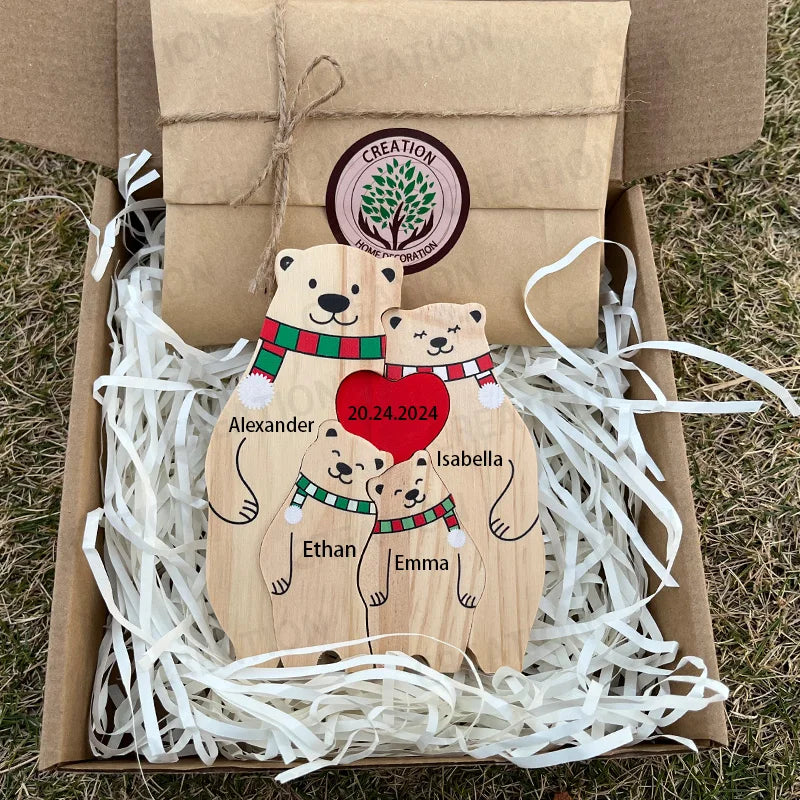 Aangepaste Naam Familie Puzzel Kleurrijke Sjaal Beer Kerst Houten Beer Huisdecoraties Warme Kerstcadeaus voor Familie en Vrienden