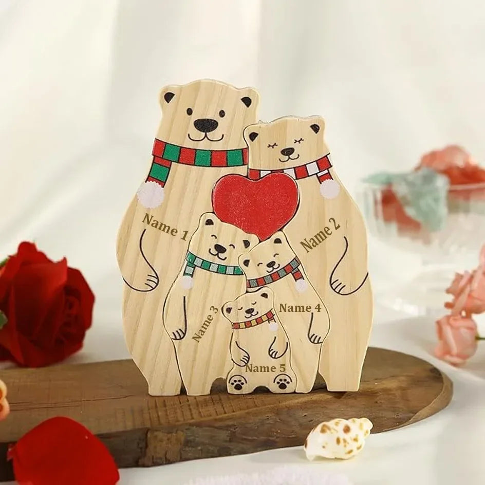 Aangepaste Naam Familie Puzzel Kleurrijke Sjaal Beer Kerst Houten Beer Huisdecoraties Warme Kerstcadeaus voor Familie en Vrienden