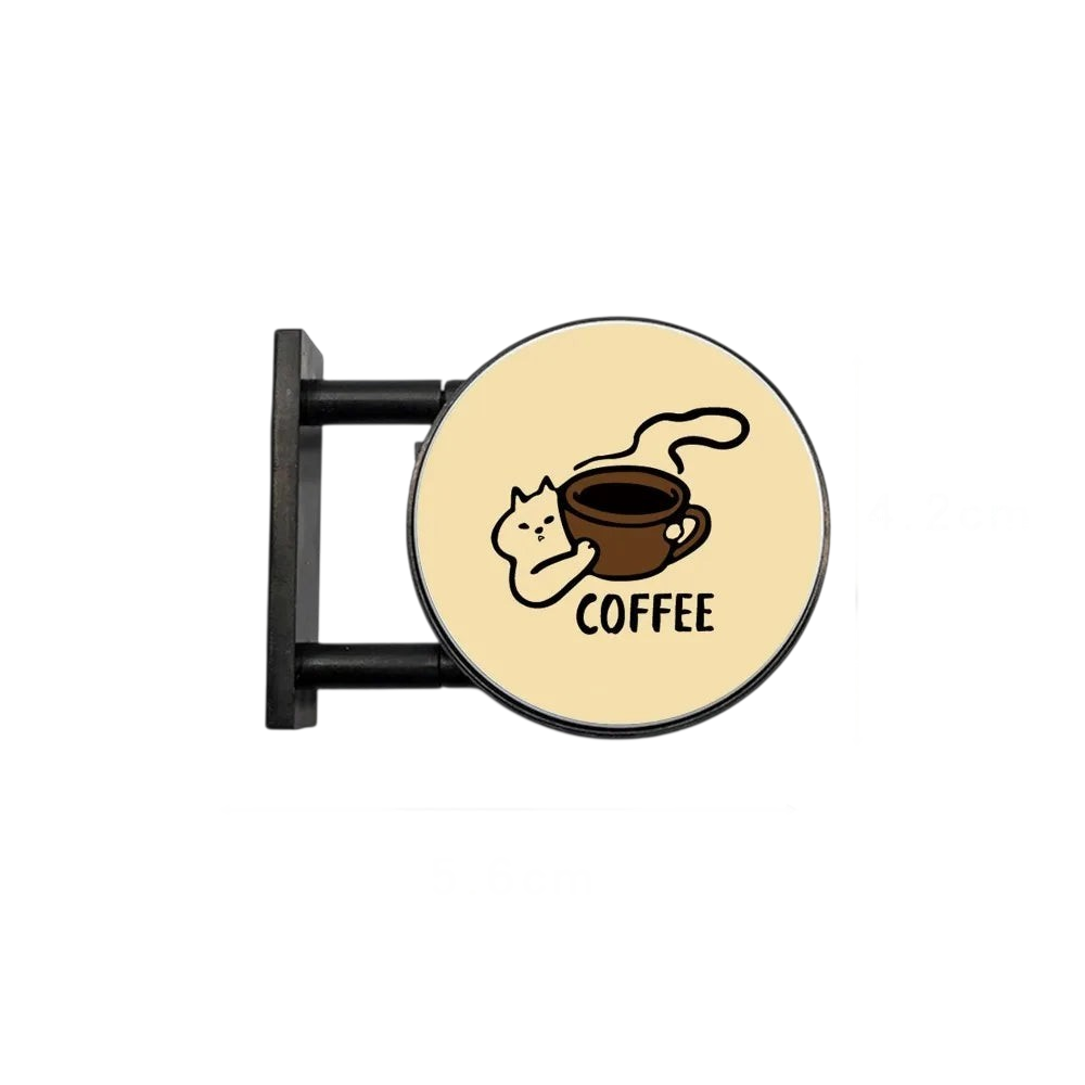 By Levin LED coffee shop sign fridge magnet featuring a cute cat illustration with a cup of coffee on a round board.