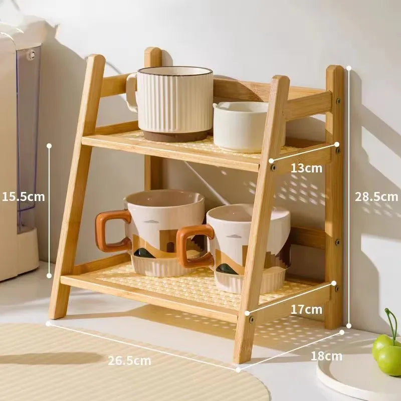 2-Laags Houten Desktop Organizer & Plantenrek - Rieten Look