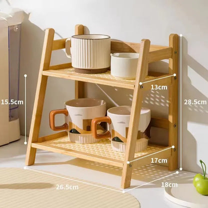 2-Laags Houten Desktop Organizer & Plantenrek - Rieten Look