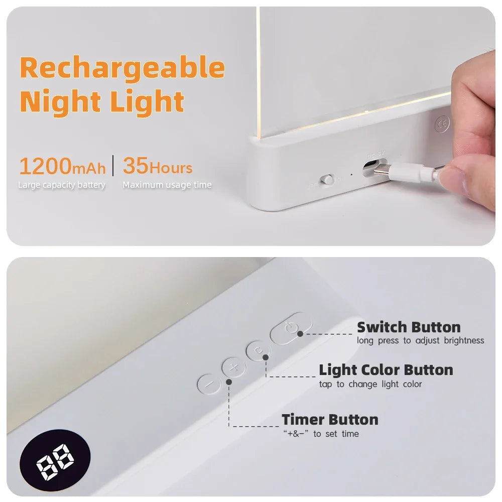 LED Platte Leeslamp – 2-in-1 Oplaadbaar Boekpaneel & Nachtlamp met Timer