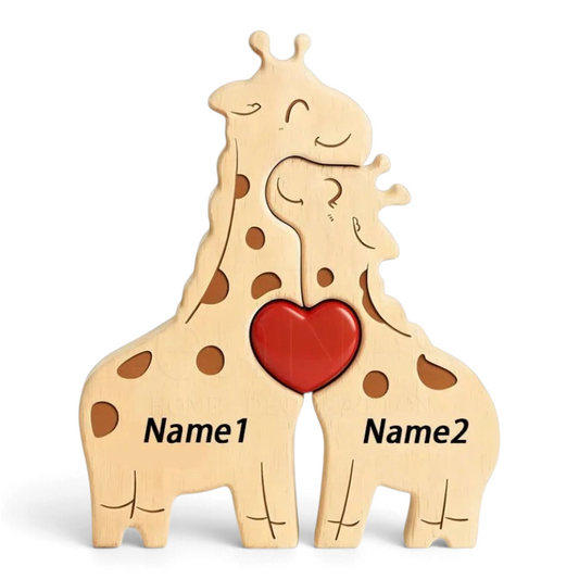 By Levin houten giraffen familie puzzel met rood hart en ruimte voor gepersonaliseerde namen als decoratiebeeldje
