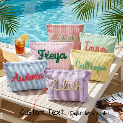 Gepersonaliseerde Seersucker Make-Up Tas - Met Naam