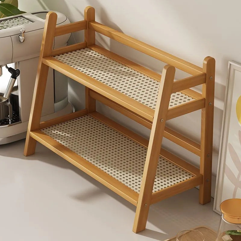 2-Laags Houten Desktop Organizer & Plantenrek - Rieten Look