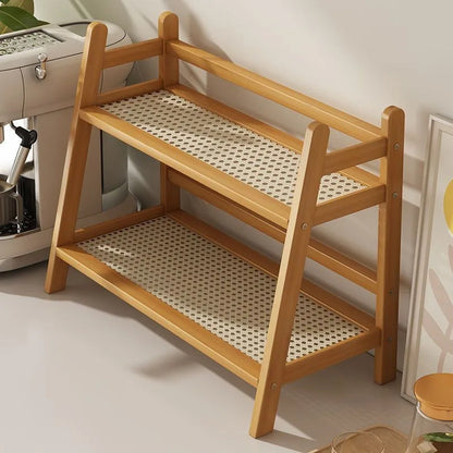 2-Laags Houten Desktop Organizer & Plantenrek - Rieten Look