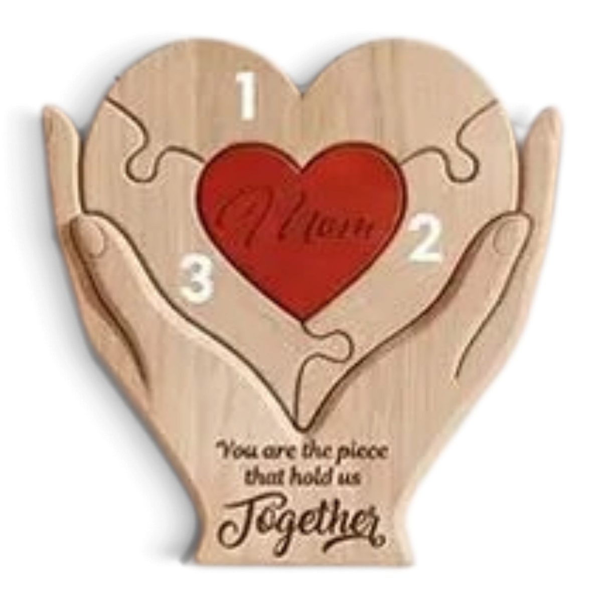 By Levin houten familie hart puzzel met gegraveerde namen en handen die een rood hart omarmen als persoonlijk cadeau