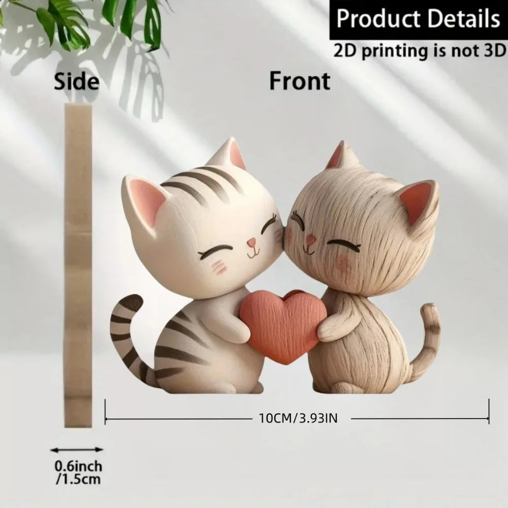 Handgemaakt 2D Houten Dierenbeeldje - Kat & Konijn Bureau Decoratie