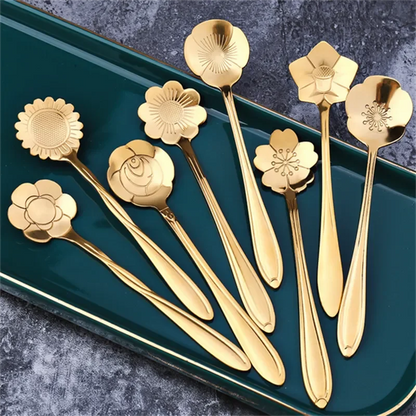 8-Delige Bloem RVS Koffielepel Set - Elegante Dessertlepels