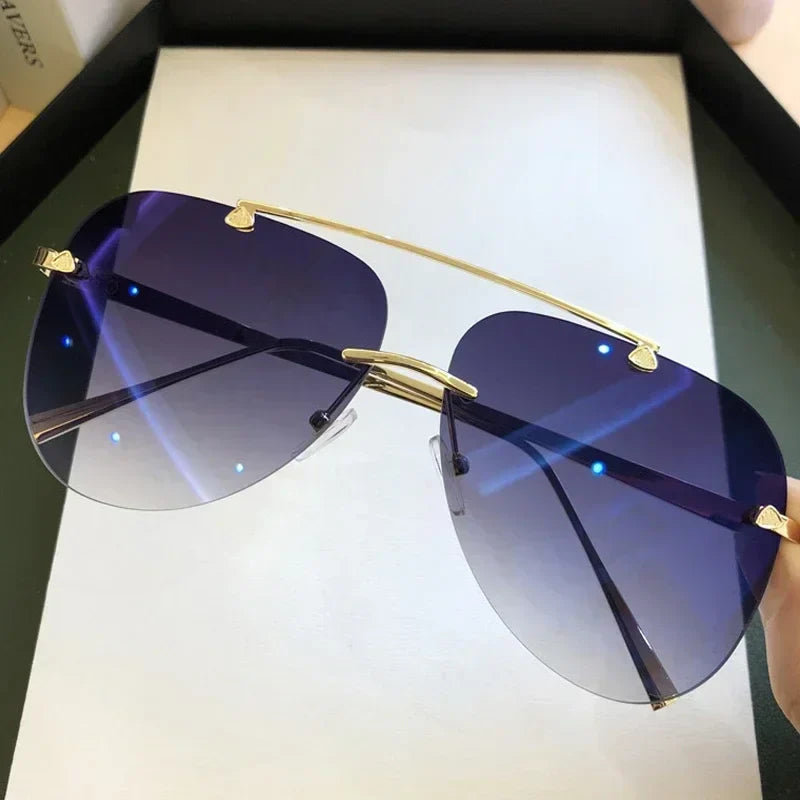2025 Vintage Rimless Aviator Zonnebril Voor Mannen Vrouwen Gradient Shades Zwart Bruin