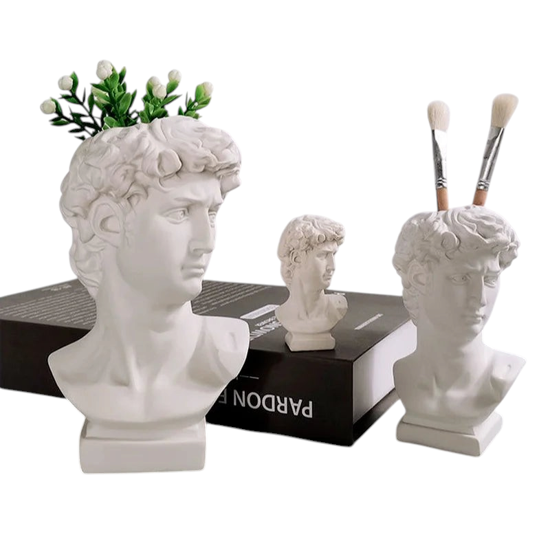 By Levin David bust resin vases and brush holders in various sizes, styled as classic Renaissance decor.