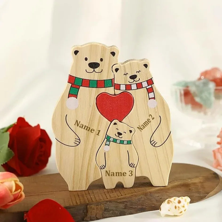 Aangepaste Naam Familie Puzzel Kleurrijke Sjaal Beer Kerst Houten Beer Huisdecoraties Warme Kerstcadeaus voor Familie en Vrienden