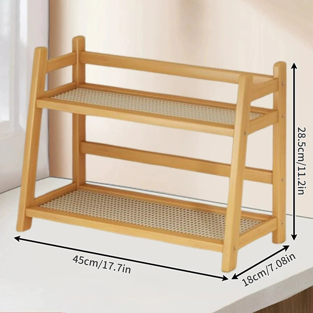 2-Laags Houten Desktop Organizer & Plantenrek - Rieten Look