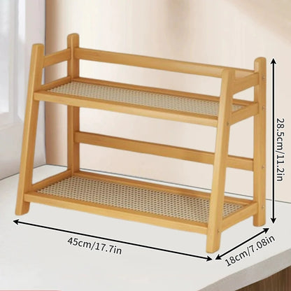 2-Laags Houten Desktop Organizer & Plantenrek - Rieten Look