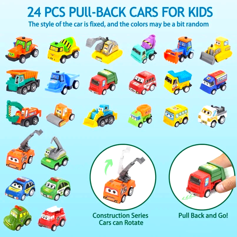 By Levin 24-piece pull-back toy vehicle advent calendar set featuring colorful construction and emergency cars