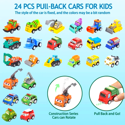 By Levin 24-piece pull-back toy vehicle advent calendar set featuring colorful construction and emergency cars