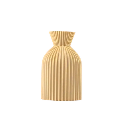 By Levin khaki Nordic pleated plastic flower vase with a flared collar and vertical lines, 14cm tall.
