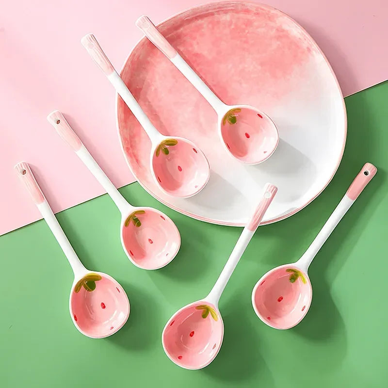Kawaii Aardbei Keramische Lepel met Lang Handvat - Handgeschilderde Lepel