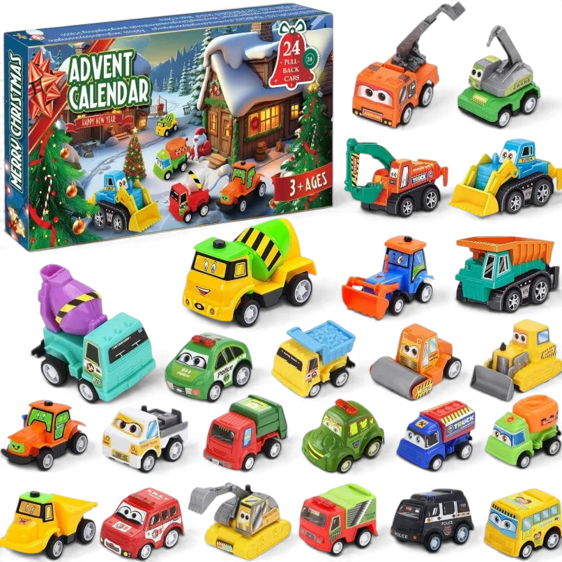 By Levin 2026 Christmas advent calendar for kids featuring 24 colorful plastic pull-back construction toy vehicles.
