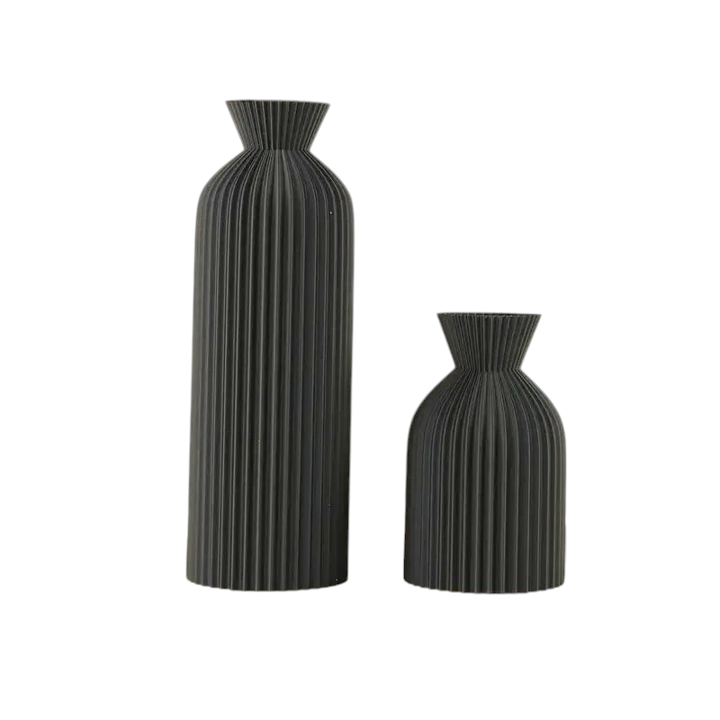 By Levin set of two matte black Nordic pleated plastic vases with flared rims for modern minimalist home decor
