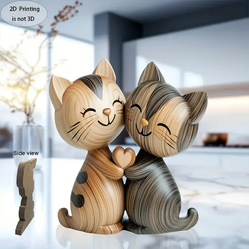 Handgemaakt 2D Houten Dierenbeeldje - Kat & Konijn Bureau Decoratie