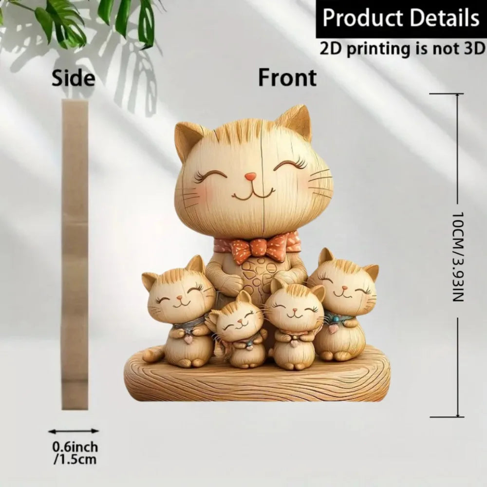 Handgemaakt 2D Houten Dierenbeeldje - Kat & Konijn Bureau Decoratie