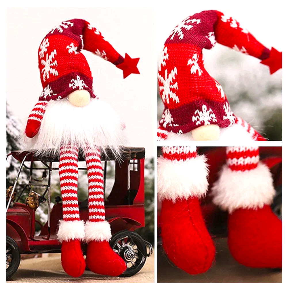 By Levin red plush Christmas gnome with LED light, snowflake knit hat, star topper, and dangling striped legs.