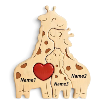 By Levin houten giraffenfamilie puzzel met rood hart en gepersonaliseerde namen als decoratief cadeau