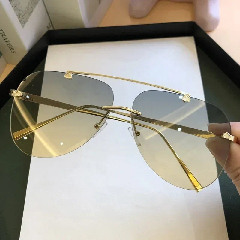 2025 Vintage Rimless Aviator Zonnebril Voor Mannen Vrouwen Gradient Shades Zwart Bruin