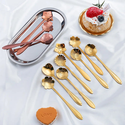 8-Delige Bloem RVS Koffielepel Set - Elegante Dessertlepels